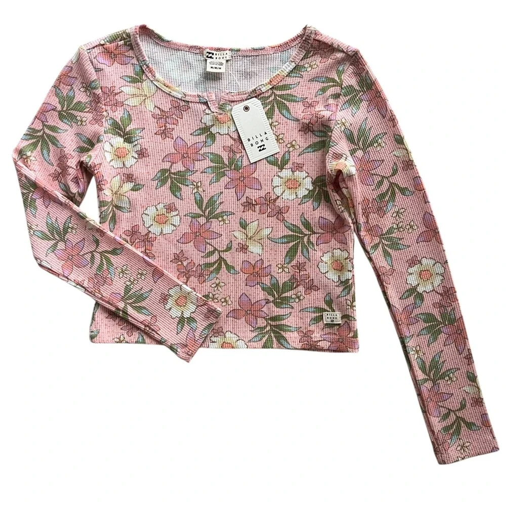 Billabong Girl's Med Pink Feelin Peachy Floral Smore Fun Thermal Long Sleeve Top